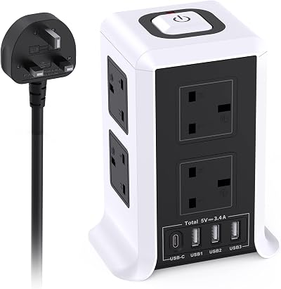 Kemelo Tower Extension Lead with USB 4 Ports 8 Outlets Surge Protector 2m