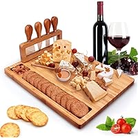 Bamboo Cheese Board with Tools, Cheese Plate Charcuterie Board, Platter Set Serving Tray for Wine Cracker Brie and Meat, Wood