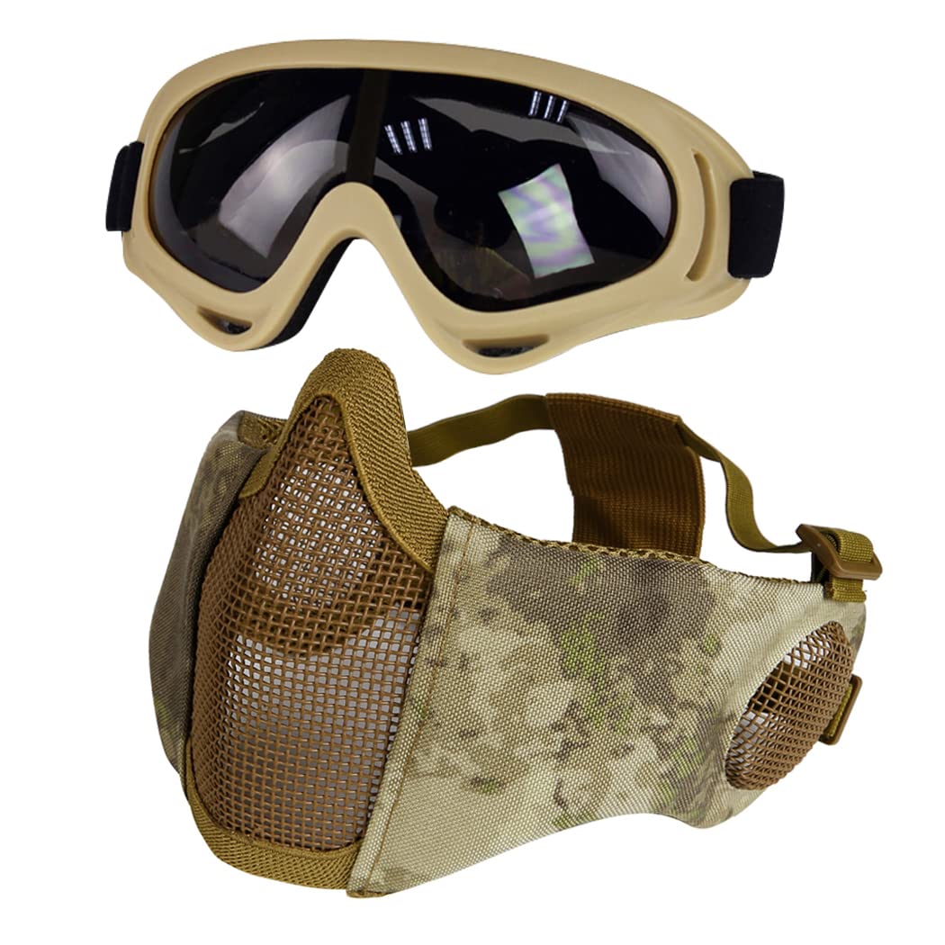 Yzpacc Airsoft Mask with Goggles, Foldable Half Face Airsoft Mesh Mask with Ear Protection for Paintball Shooting Cosplay CS Game (AT)