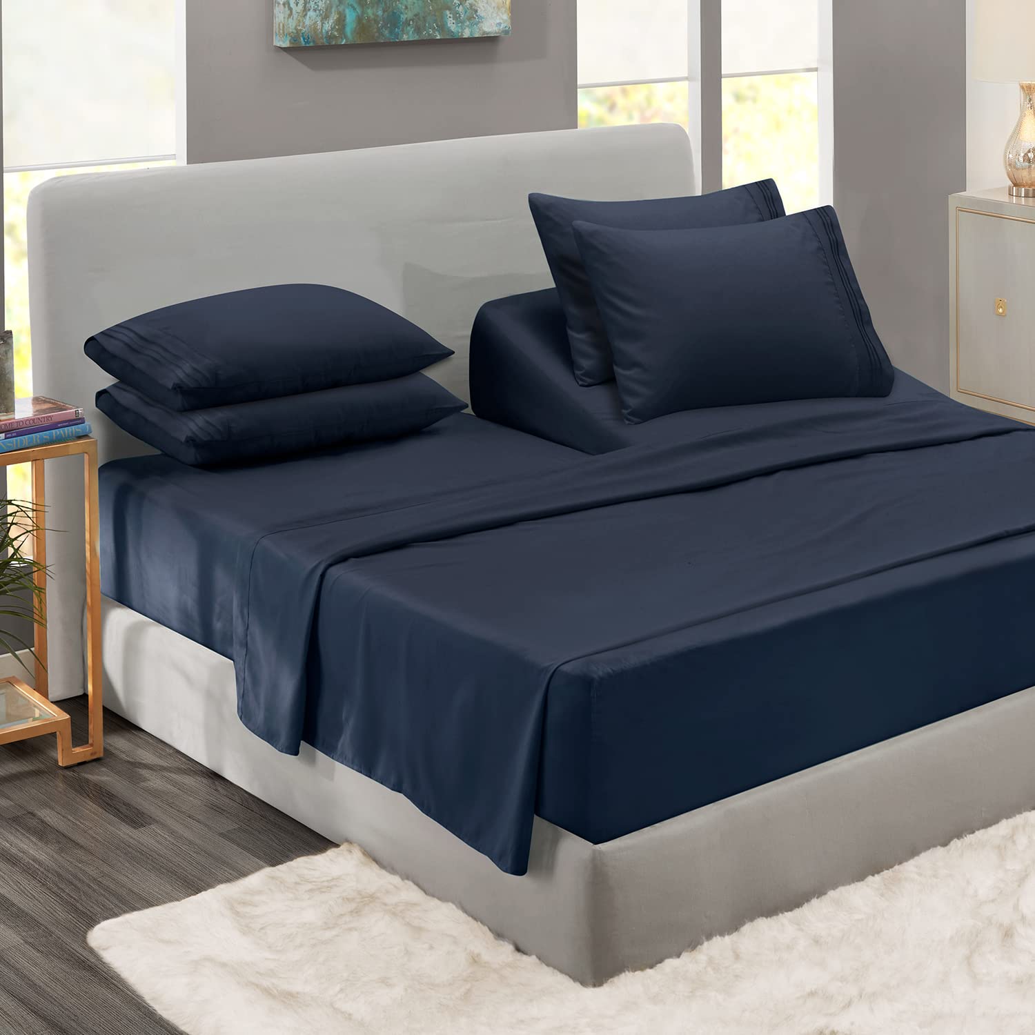 Photo 1 of **ONLY FLAT SHEET AND 2 PILLOW CASES**Clara Clark Flex Top King Sheets, 6 Piece Set - Hotel Luxury Sheets for Top Split King Bed, Super Soft Bedding Set, Head Split King Navy Blue