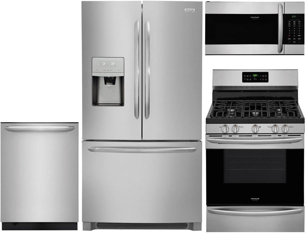 Frigidaire 4-Piece Stainless Steel Kitchen Package with FGHD2368TF 36" French Door Refrigerator, FGGF3036TF 30" Freestanding Gas Range, FGID2476SF 24" Fully Integrated Dishwasher and FGMV176NTF 30" Ov