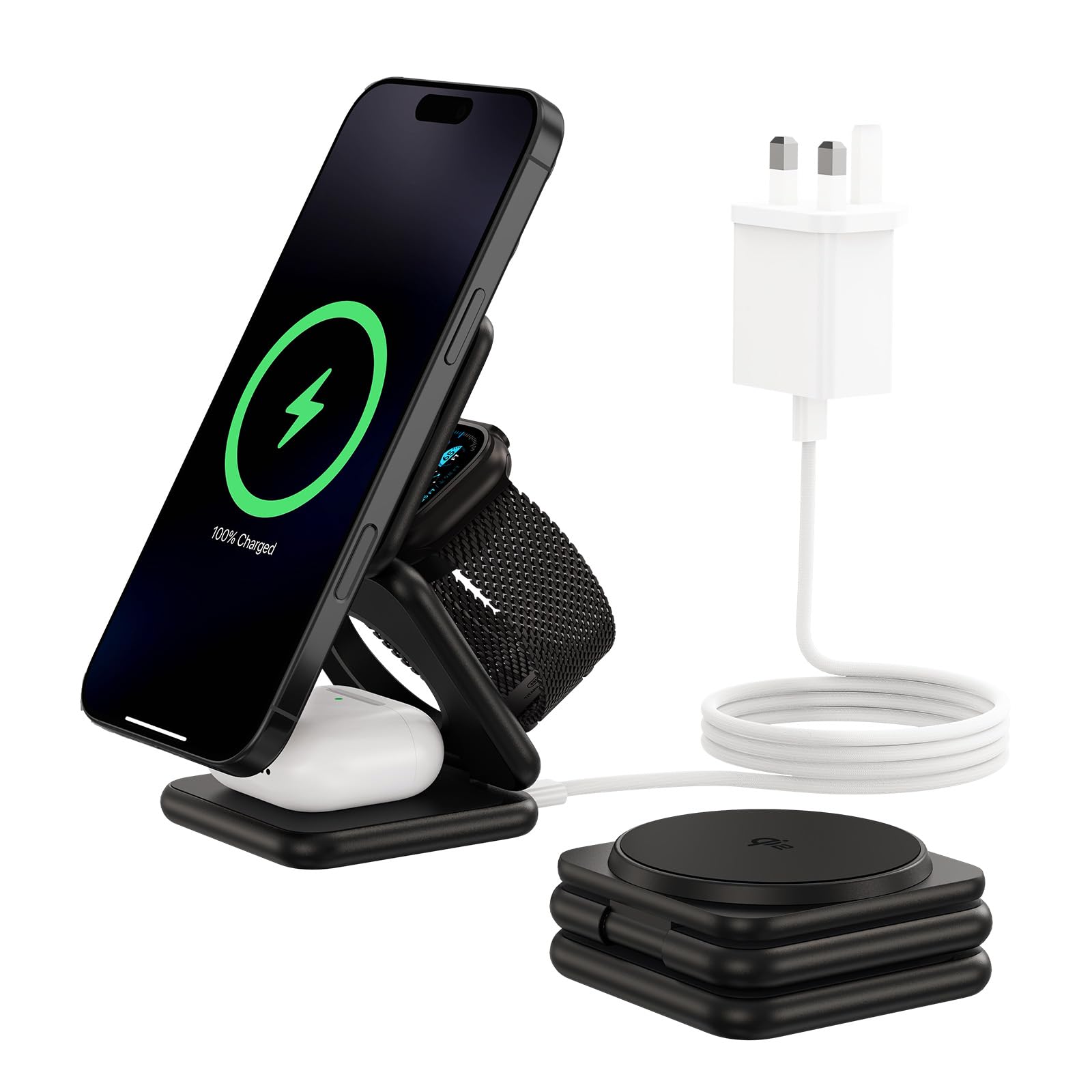 KU XIU X40Q 3-in-1 Wireless Charging Station, Qi2-Certified 15W Fast Wireless Charger Stand for iPhone 17/16/15/14/13/12, 5W Charging for iWatch & Wireless Earbuds, Portable Foldable Design – Black