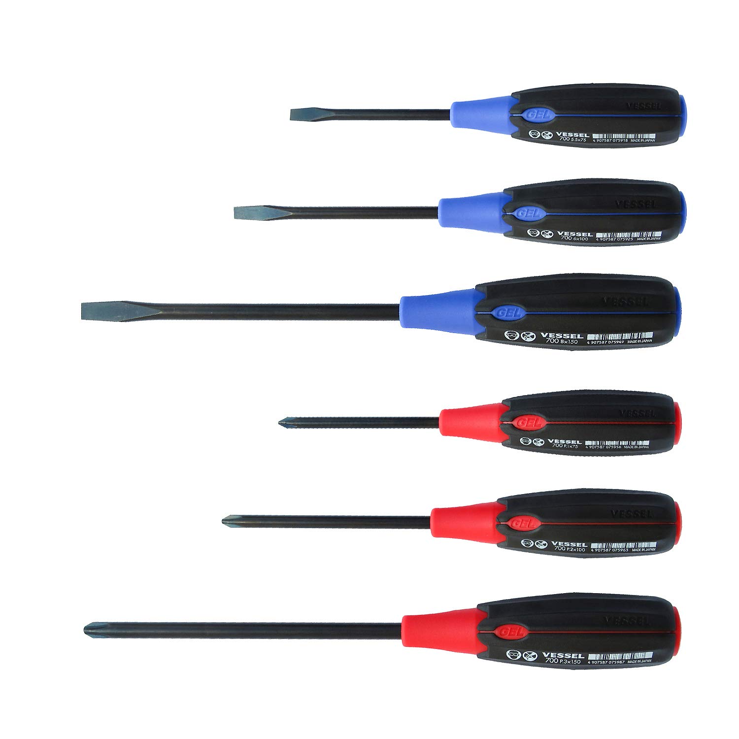 Vessel Set of 6 Supercushion Flat Head and Cross Head Screwdrivers Compatible with Jis/Iso/Din/Asme, Black
