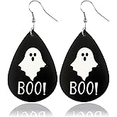 Halloween Earrings for Women, Black Teardrop Leather Ghost BOO Dangle Earrings, Spooky and Fun Fashion Outfits Accessories