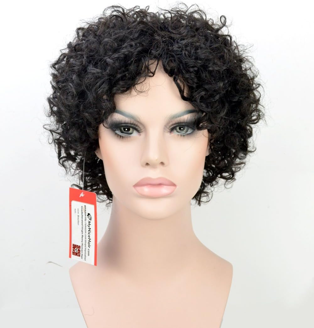 MyNiceHair-100% Pure Human Hair Short Curly Wigs for Black Women (Natural black)