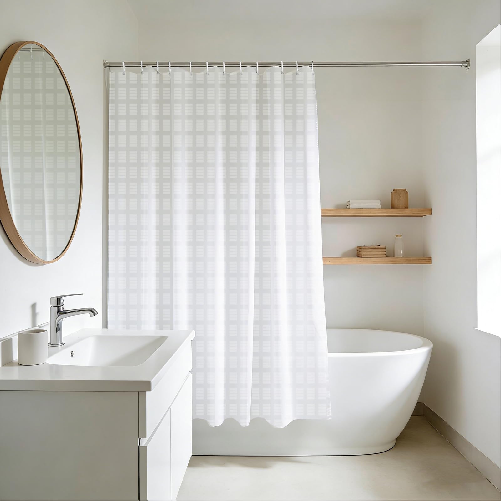 YISURE White Jacquard Shower Curtain for Bathroom Tub, Waterproof Fabric with Plastic Hooks 71" W x67 L /180x170cm — image 1