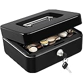 Locking Cash Safe Box with Key Lock, Money Box with Removable Coin Tray, Portable Metal Cash Box with Handle, 7.87"x 6.30"x 3