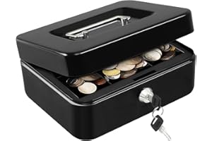 Locking Cash Safe Box with Key Lock, Money Box with Removable Coin Tray, Portable Metal Cash Box with Handle, 7.87"x 6.30"x 3