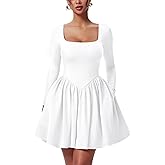 YMDUCH Women's Casual Long Sleeve Square Neck Back Belt A Line Ruffle Hem Mini Dress with Pockets