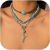 HUASAI Western Necklaces Jewelry for Women Turquoise Necklace Cowgirl Jewelry for Rodeo & Country Concert Outfits Teal Western Accessories with Bull Head Pendant Boho Dresses