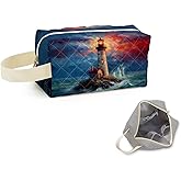 SuoSycorax Lighthouse In Storm Printed Quilted Makeup Pouch for Women - Velvety Polyester Cosmetic Organizer w/Triple Compartments, Travel & Makeup Brush Holder