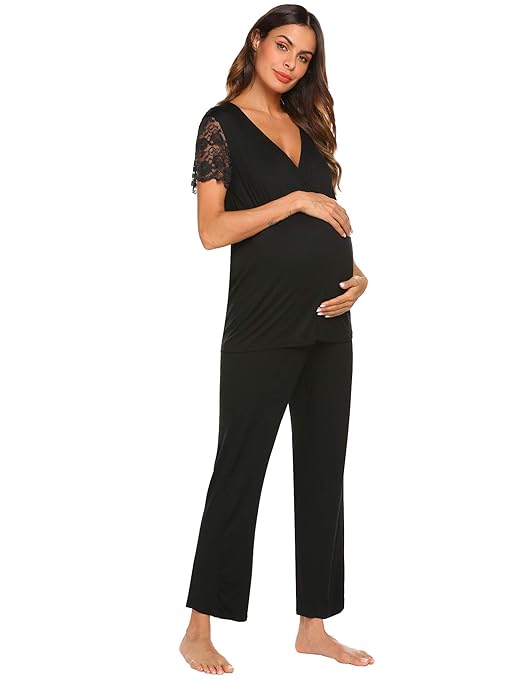 MAXMODA Damen Stillpyjama Damen Lang für Schwangerschaft-Stillzeit mit Spitze Kurzarm S