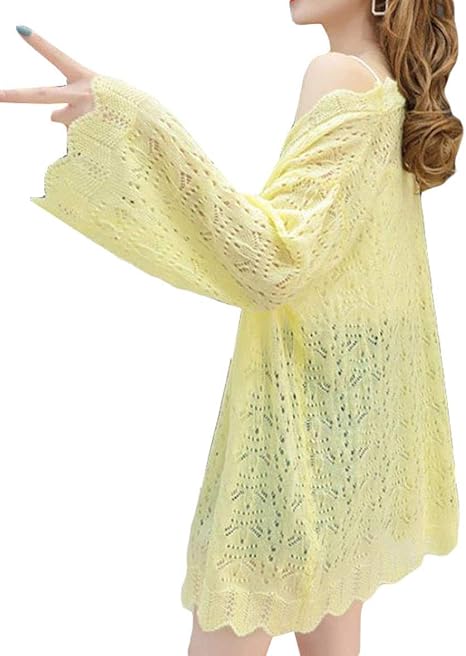 Amazon Yyq Shop ニット カーディガン レディース 長袖 ゆったり カーディガン 透かし編み 薄手 Uvカット コーディガン サマーニット 冷房対策 羽織 日除け止め オフィス 夏 白 Freesizeイエロー カーディガン ボレロ 通販