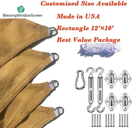 Blessing Window Screen Rectangle 12' X 10' Sun Shade Sail with Stainless Steel Hardware Kit, UV Block Fabric Patio Shade Sail. Great Value Package (12' X 10')
