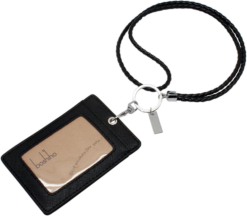 Boshiho Vertical Style Leather ID Card Badge Holder with Keychain Lanyard 1 ID Clear Window Vertical Style (Black with Keychain) - Image 3