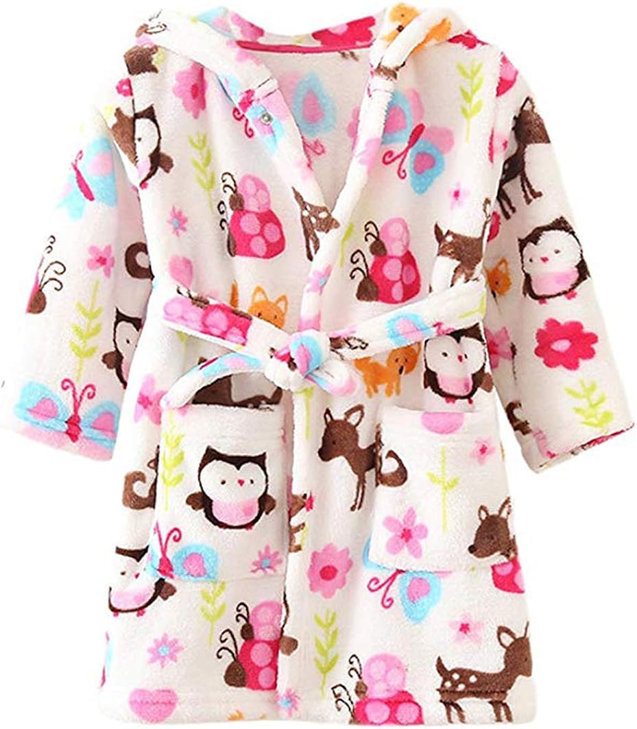 Boys & Girls Bathrobes, Toddler Kids Hooded Robe, Plush Soft Coral Fleece Bathrobe Robes Pajamas Sleepwear for Girls Boys: Clothing