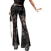 xxxiticat Women's Gothic Lace Flared Pants Asymmetric Floral Bell Bottom Legging Goth Faux Mini Skirt Trouser in Black
