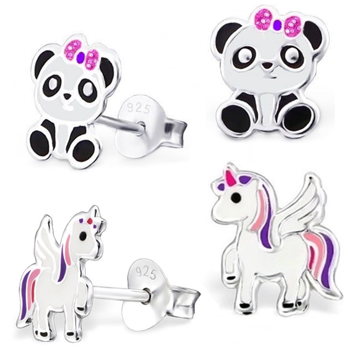 GH 2 Couple Pegasus Unicorn + Panda Bear Earrings Children's Earrings and 925 sterling silver Girls Panda Set Horse