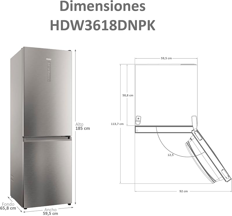 Haier 2d 60 series 3 hdw3618dnpk - geladeira combi, funções inteligentes, conexão wifi, motor inversor, gaveta de zona de umidade, total no frost, suporte para garrafas, largura 60cm, 341l, iluminação led, aço inoxidável