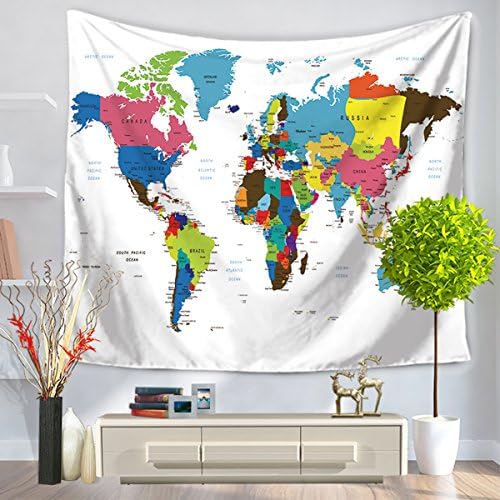 World Map Tapestry - Educational Wall Hanging College Dorm Room Art Décor White Throw Bedspread Boho Beach Towel Home Decoration Multipurpose Cloth - Queen Size, 80 by 60 inches