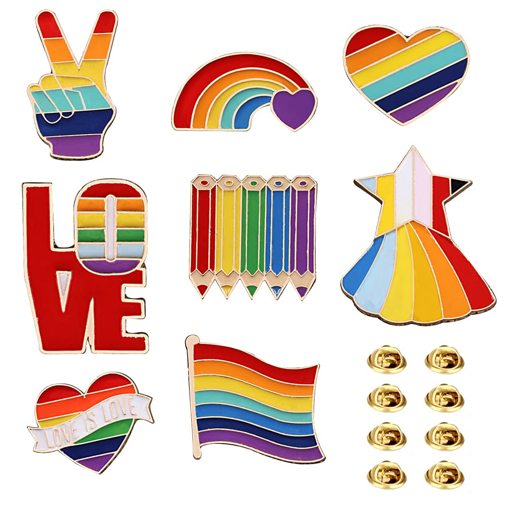 8 Pieces Rainbow Broochs, Fashion Rainbow Badge, Gay Lesbian Pins, Rainbow Alloy Pins, Love is Love Brooch, Rainbow LGBT Pins, for Daily Use, Prom, Wedding, Anniversary and Rainbow Theme Party