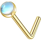 EQFE G23 Titanium Nose Rings 3MM Turquoise Moonstone L Shape Nose Rings Studs 20G 14K Gold Hypoallergenic Handmade Nose Piercings Jewelry for Women Men