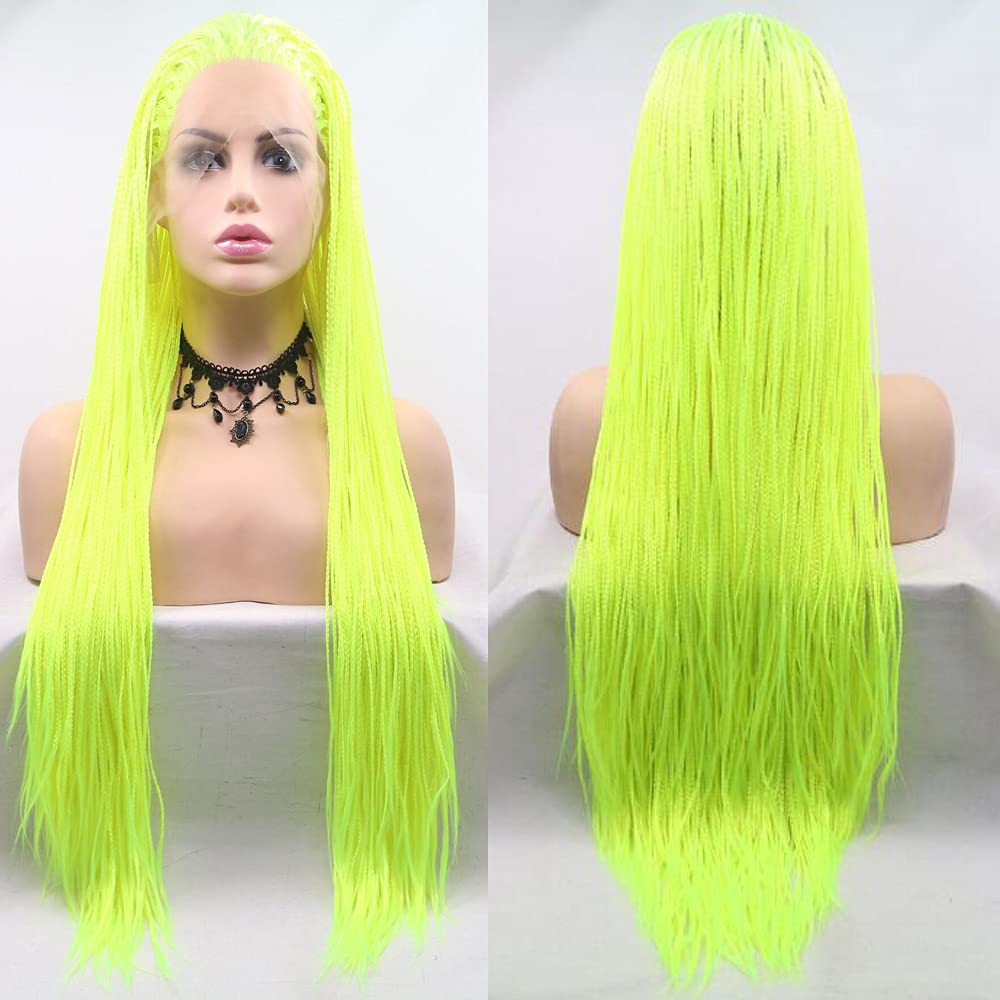 Xiweiya Neon Yellow Green 28 Inches Micro Box Braided Afro Wigs with Heat Resistant Fiber Mermaid Removable Braiding Synthetic Lace Front Wig Middle Cap Size for Women