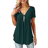 liher Women's Short Sleeve Casual Summer Zipper V Neck Pleated Loose Fit T Shirt Flowy Tunic Top Blouse