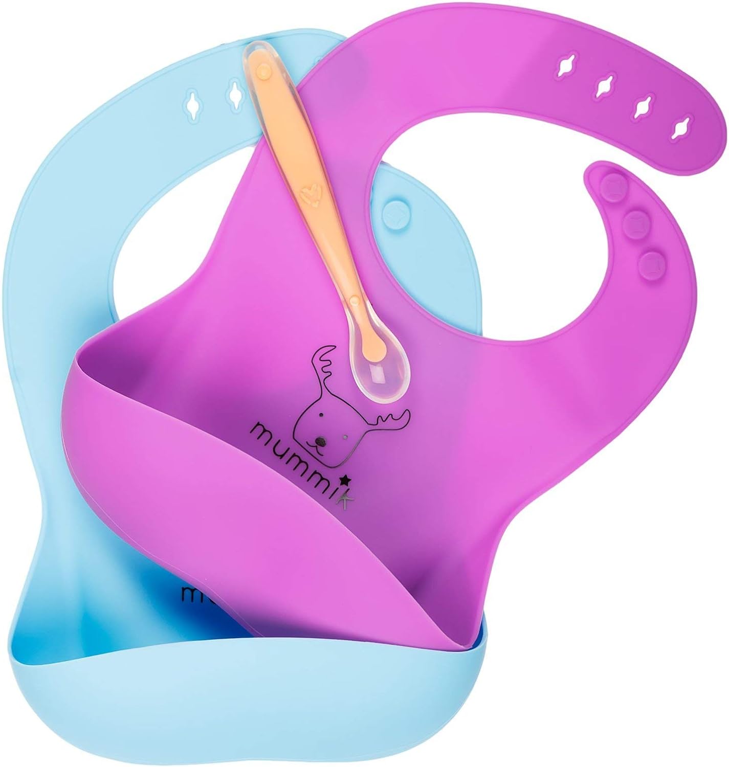 Waterproof Silicone Bucket Bib for Baby Boys & Girls! Easily Wipes Clean! Rolls Up! Eco Friendly - Soft & Adjustable! Set of 2 Bibs | Feeding Silicone Spoon Included