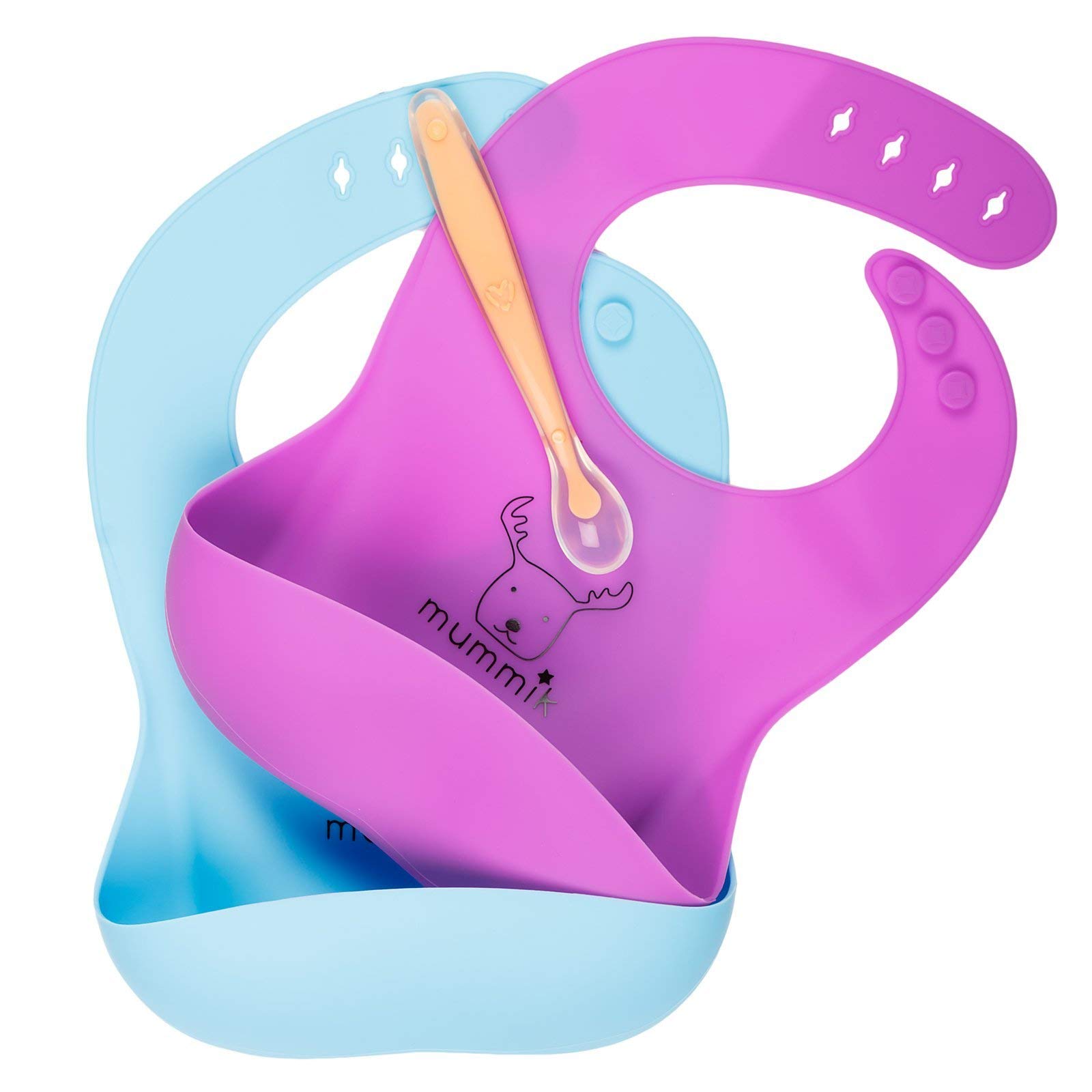 Waterproof Silicone Bucket Bib for Baby Boys & Girls! Easily Wipes Clean! Rolls Up! Eco Friendly - Soft & Adjustable! Set of 2 Colours (Purple/Turquoise) | Feeding Silicone Spoon Included