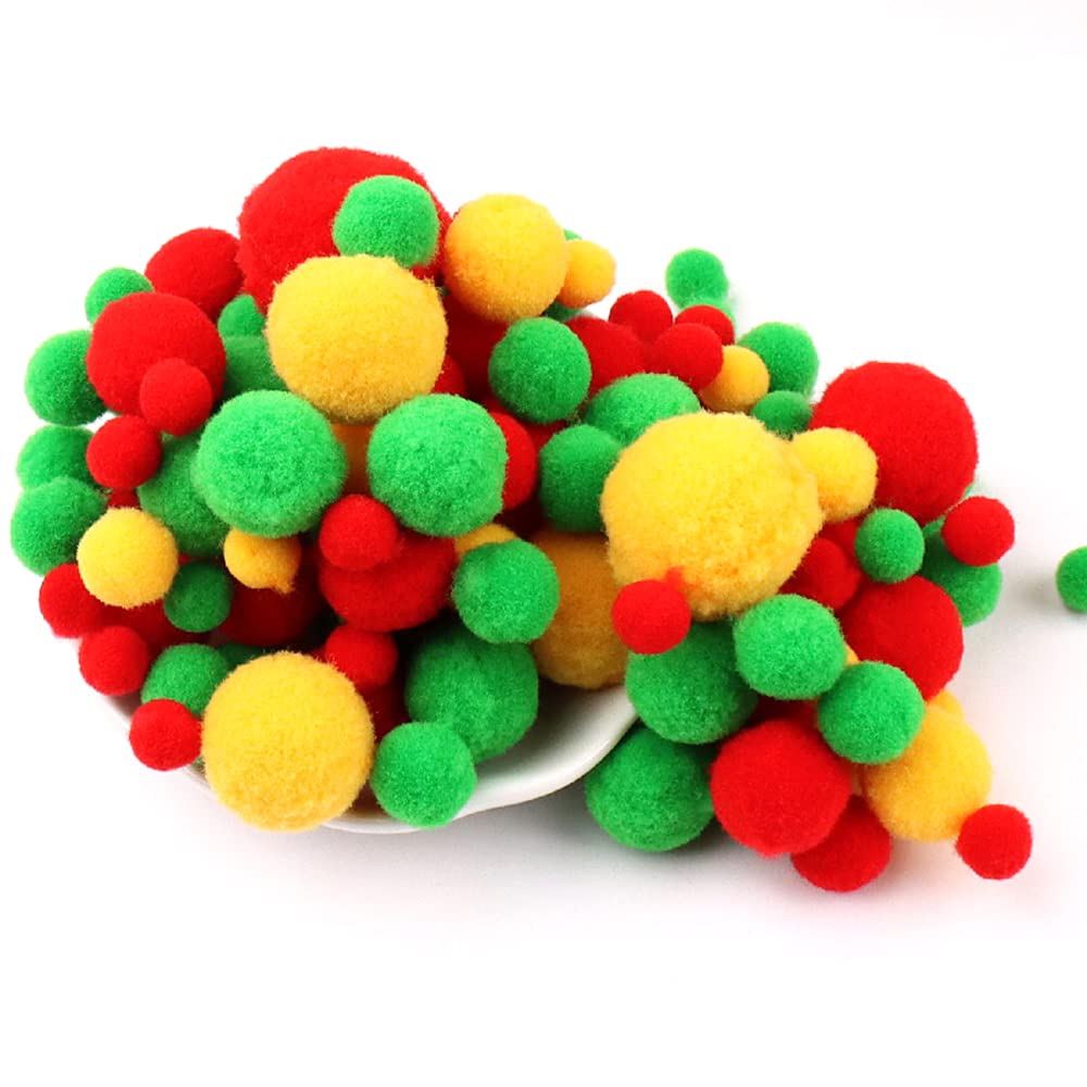 135 Colourful Pompoms for Crafts,10-30mm Mini Pompoms Balls Small Pompoms Balls Fluffy Colourful Pom Pom Decoration Pompom Plush Balls Craft Accessories for Sewing Decoration DIY Crafts Red Green Gold