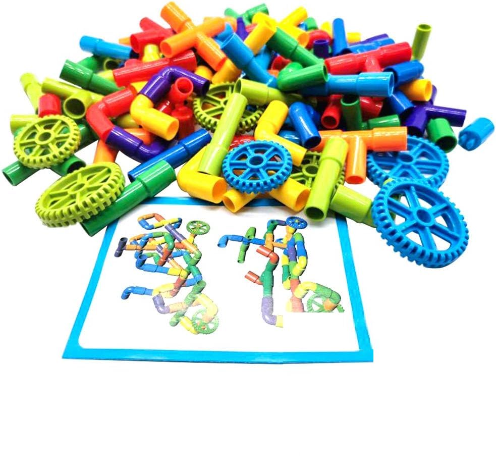 TourKing 102pcs Pipe Tube Toy, Sensory Water Tube Locks Construction Building Blocks, Educational Building Learning Toys with Wheels Car Construction Toy for 3 Year Old Kid