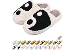 AIMINUO Women's Men's Retro Preppy Happy Face Slippers Comfy Warm Plush Slip-On House Slipper for Winter Indoor Soft Cushion Non-slip Fluffy Slides Slippers