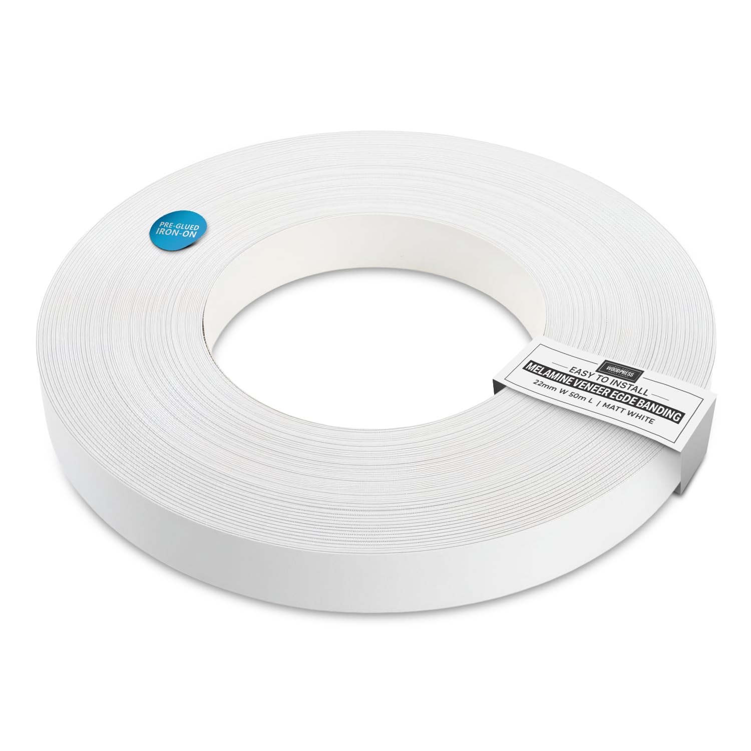 WoodPress® 22mm Matt White Melamine Pre-Glued Veneer Edging Tape – 50m Trade Roll – Iron-On Wood Application