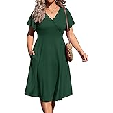 D.Q.RZhong Women's Plus Size V Neck Dress Short Ruffle Sleeve Casual Summer Waistline Tunic Midi Dress with Pockets