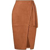 Kate Kasin 2025 Women's Suede Skirts, High Waist Bow Tie Knee Length Skirt, Stretch Bodycon Pencil Skirt with Slit