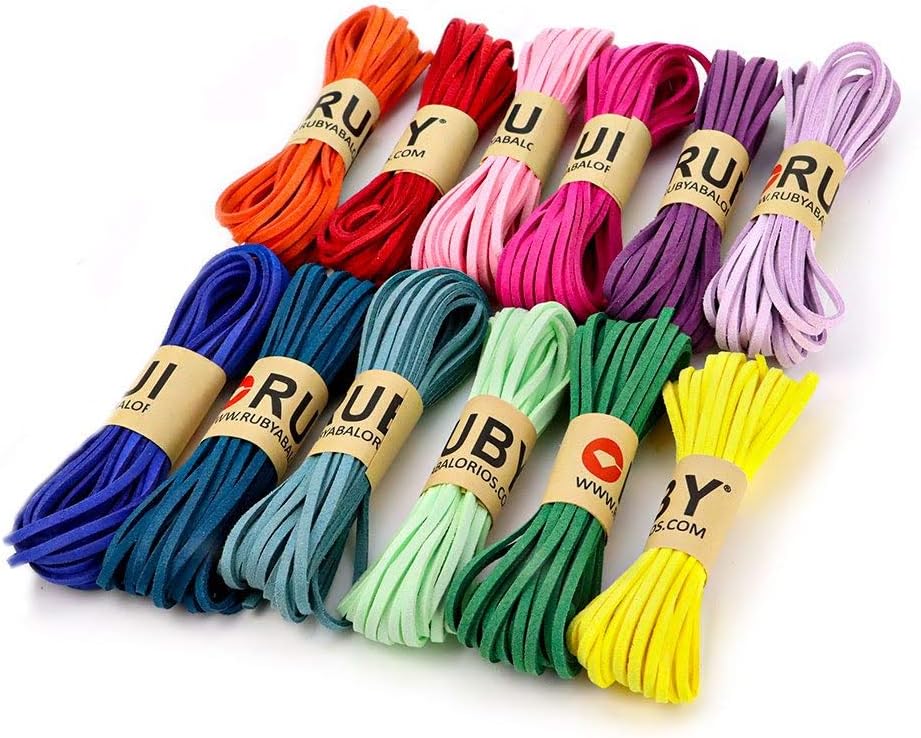 Ruby – 12 Rolls of Multicolour Suede Cord Thickness 3 mm x 5 m Each Roll of Rope for Bracelets Keyring and Jewellery Making and Crafts (VIVO)