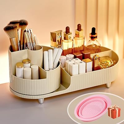 BULLA 360 Rotating Makeup Organizer 2 in 1 Milky White 5 Compartments
