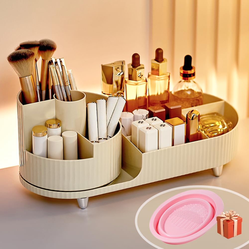 BULLA Makeup Organiser, 360 Rotating Makeup Organiser, Rotating Compartment 2 In 1 Cosmetic Storage, Makeup Organizer Storage Is Perfect for Dresser, Bathroom, Bedroom (Milky White) — image 1