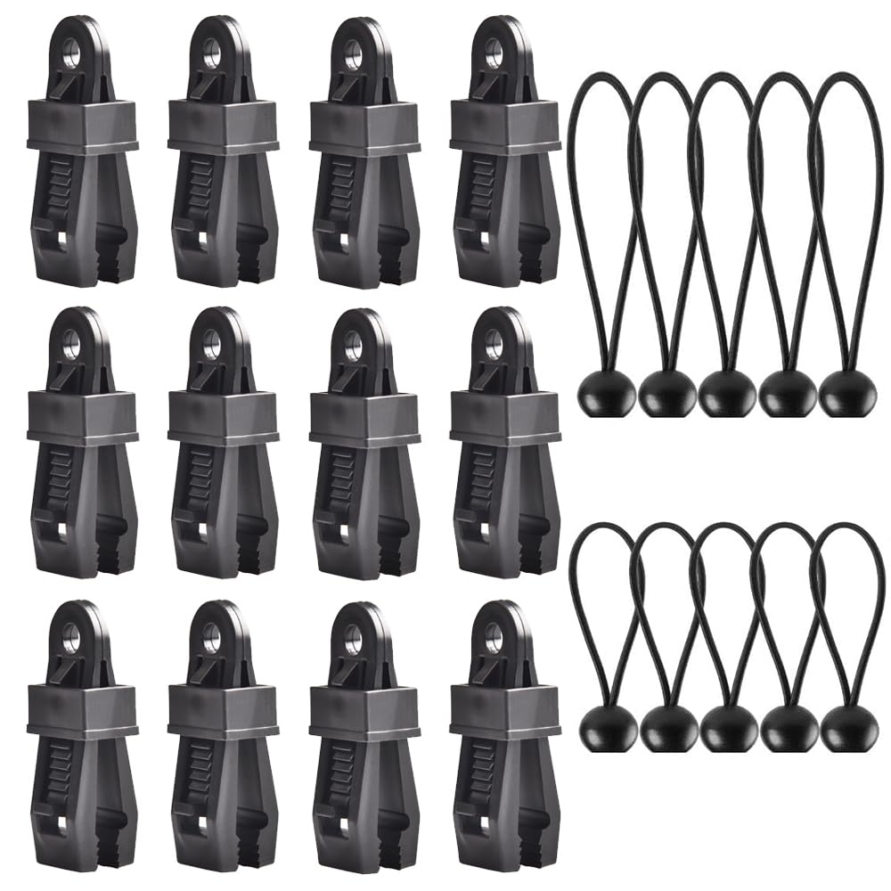 12 x Tarpaulin Clips, Heavy Duty with 10 x Tarpaulin Tensioners with Ball, Camping, Tent Clip, Tarpaulin Clips, Linoleum Clip, Tent Clips, Plastic, Tarpaulin