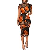 Mojessy Sheer Dress for Women Sexy Short Sleeve Ruched Mesh Bodycon Dress Adjustable Strap Top Mini Skirt 3 Piece Outfits Set