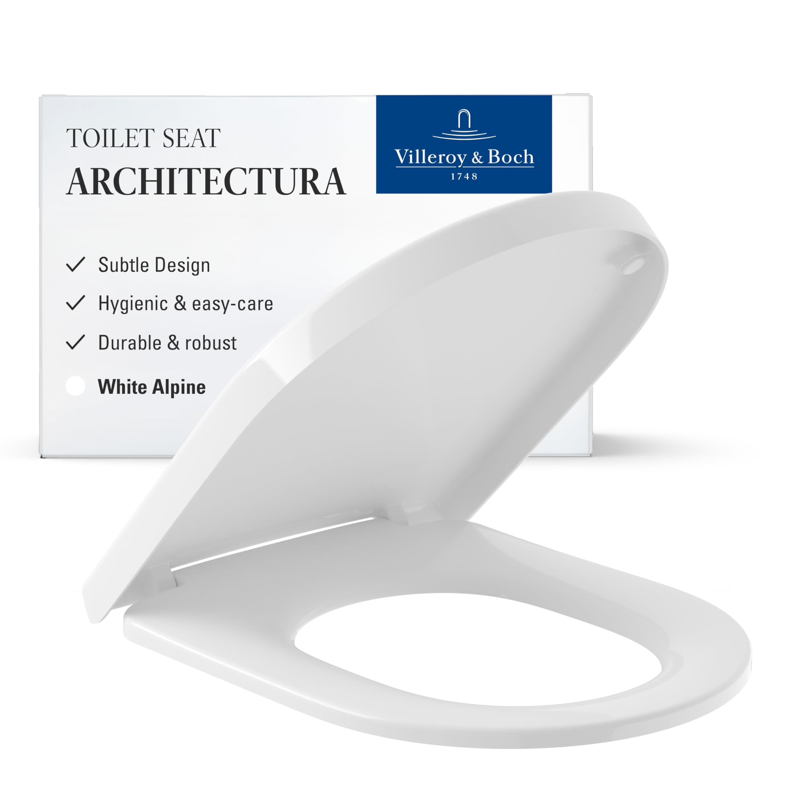 Villeroy & Boch Architectura toilet seat, toilet lid with stainless steel hinges, toilet seat made from break-proof Duroplast, toilet lid original spare part, D-shape, White Alpine, glossy