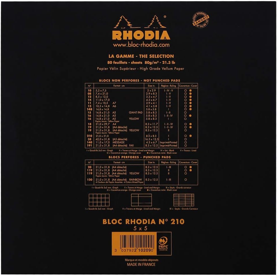 RHODIA 210209C, Stapled Notepad N°210 Black, 21x21 cm, Small Squares, 80 Detachable Sheets, White Clairefontaine Paper 80 g/m - Image 4