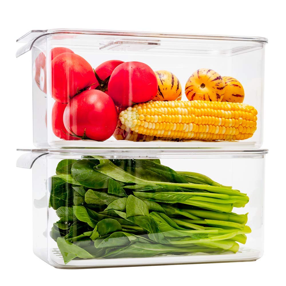 Slideep Refrigerator Food Storage Containers, Lettuce Keeper Large Produce Saver Stackable Container with Lids & Removable Drain Tray, Clear Veggie Fruit Salad Lettuce Container -2 Pack