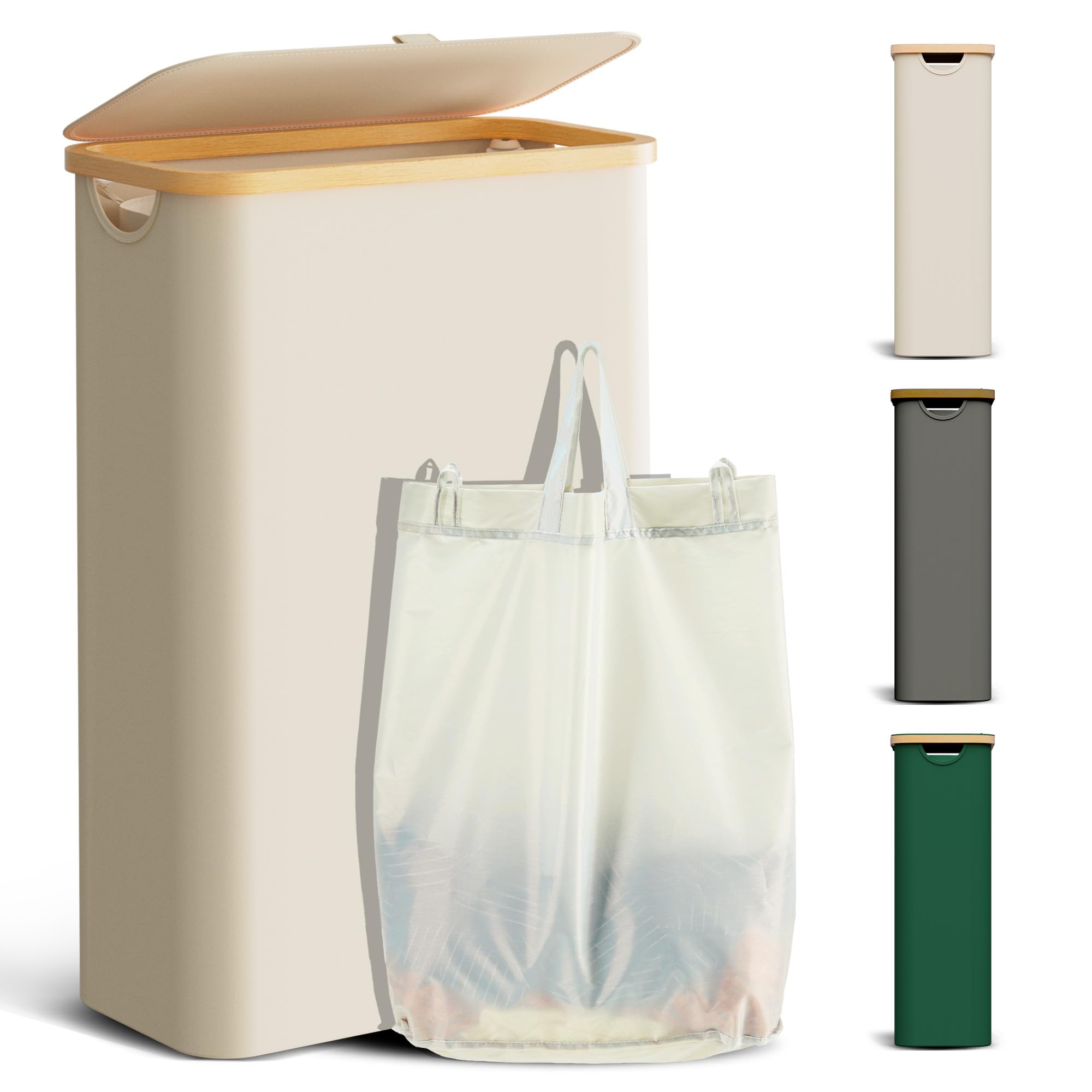 YOUDENOVA Laundry Basket with Lid 48-Litre Large Washing Baskets for Laundry with Laundry Bag Collapsible Laundry Baskets with Handles Laundry Hamper Bamboo Laundry Bin for Bedroom, Bathroom, Beige