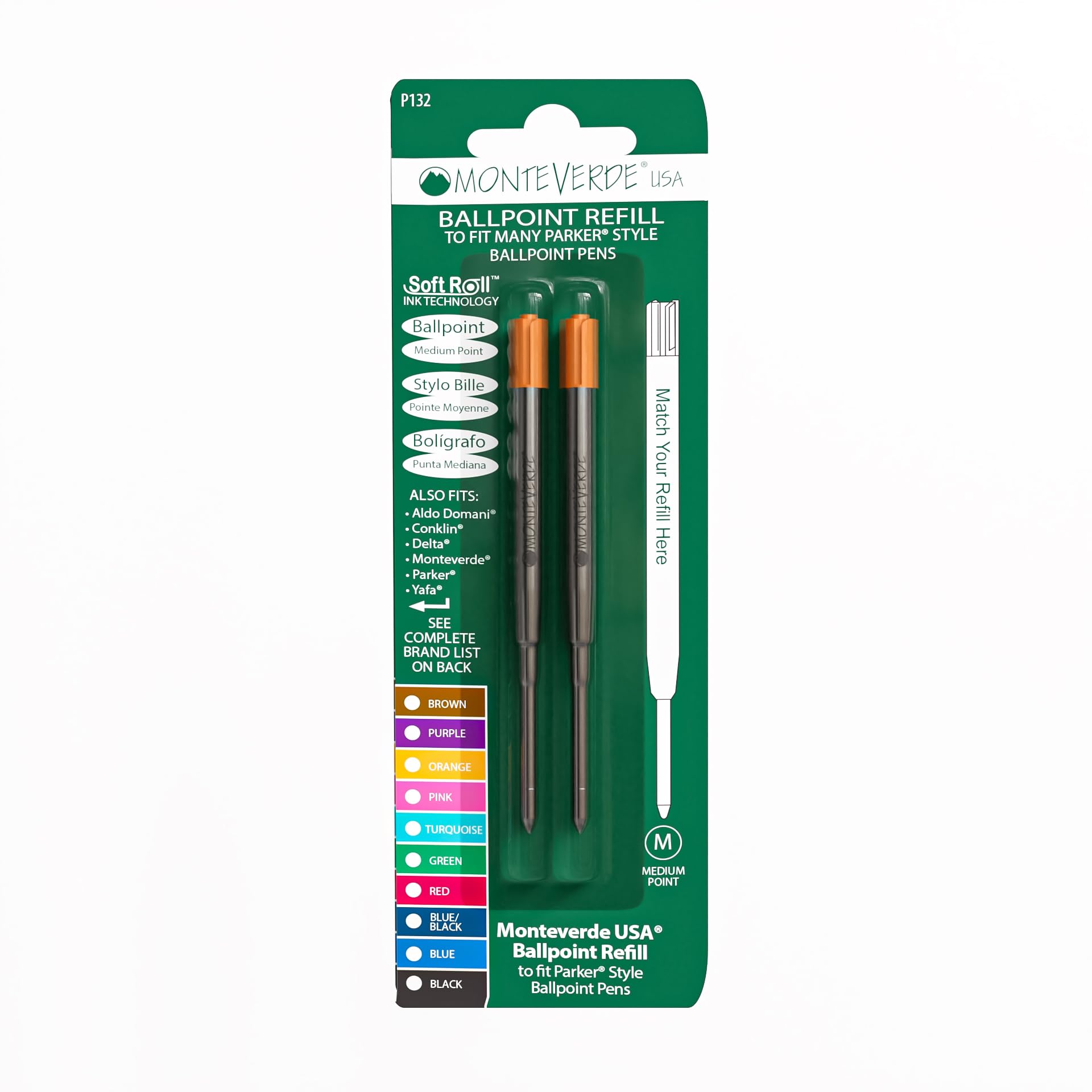 Monteverde Medium Ballpoint Soft Roll Refill for Parker Pens - Orange (Pack of 2) — image 1