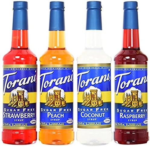 Torani Sugar Free Soda Flavors Variety Pack (4 pack) Strawberry, Peach, Coconut, Raspberry