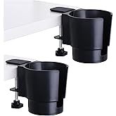 Universal Large Desk Cup Holder Clamp on, Heavy Duty Plastic Drink Holder for Table, Porch Swing, Patio Chair, Clip On Anti-Spill Bottle Holder for Most Cups, Bottles, Cans, Tumbles, Black, Pack of 2