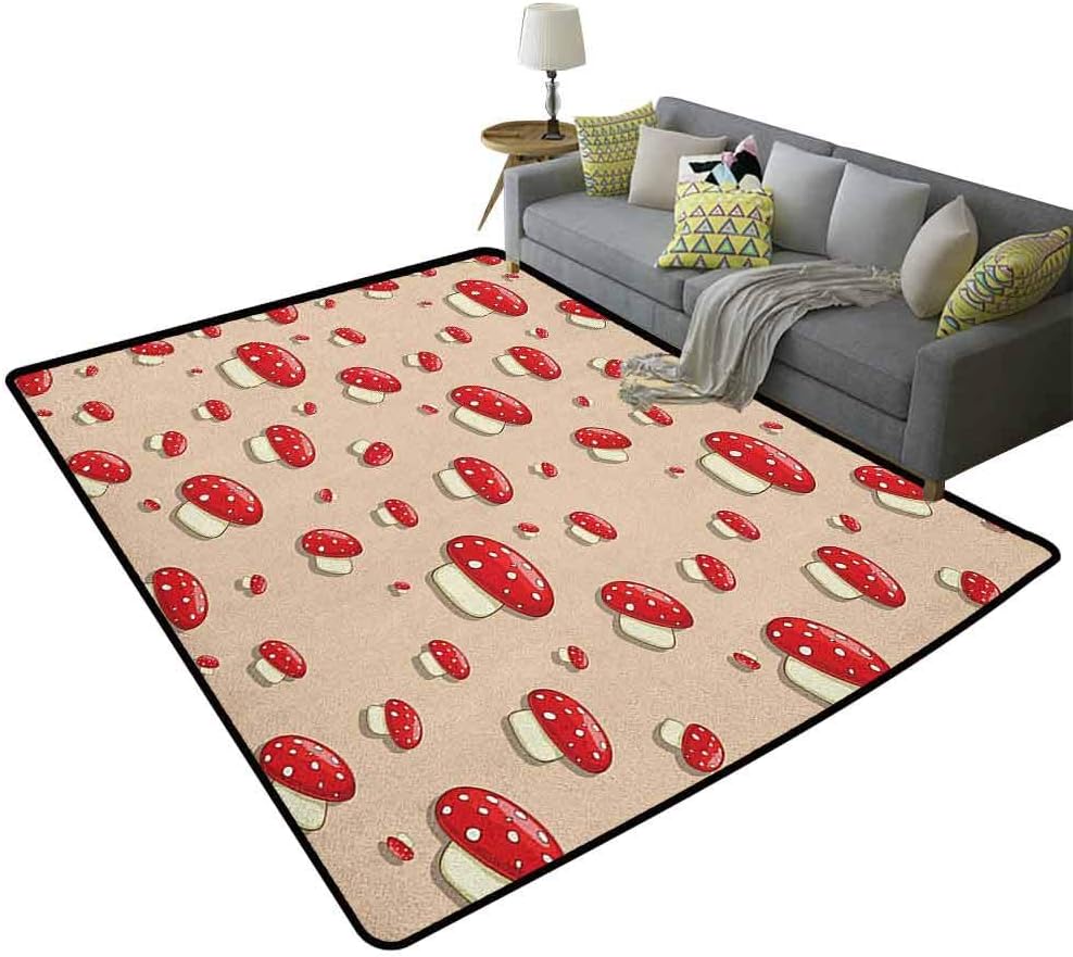 Mushroom Extra Soft and Comfy Carpet Amanita Toxic Mushroom Illustration Spotted Summer Woodland Forest Clip ArtChildren's Nursery Dormitory Room Home Decoration Carpet Ivory Red Tan 59 x 71 Inch