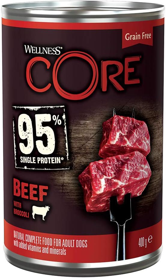 Wellness CORE 95% 6 x 400g, Beef & Broccoli, Wet Dog Food, Chunky Paté for Adult Dogs Grain-Free, Natural, Hypoallergenic